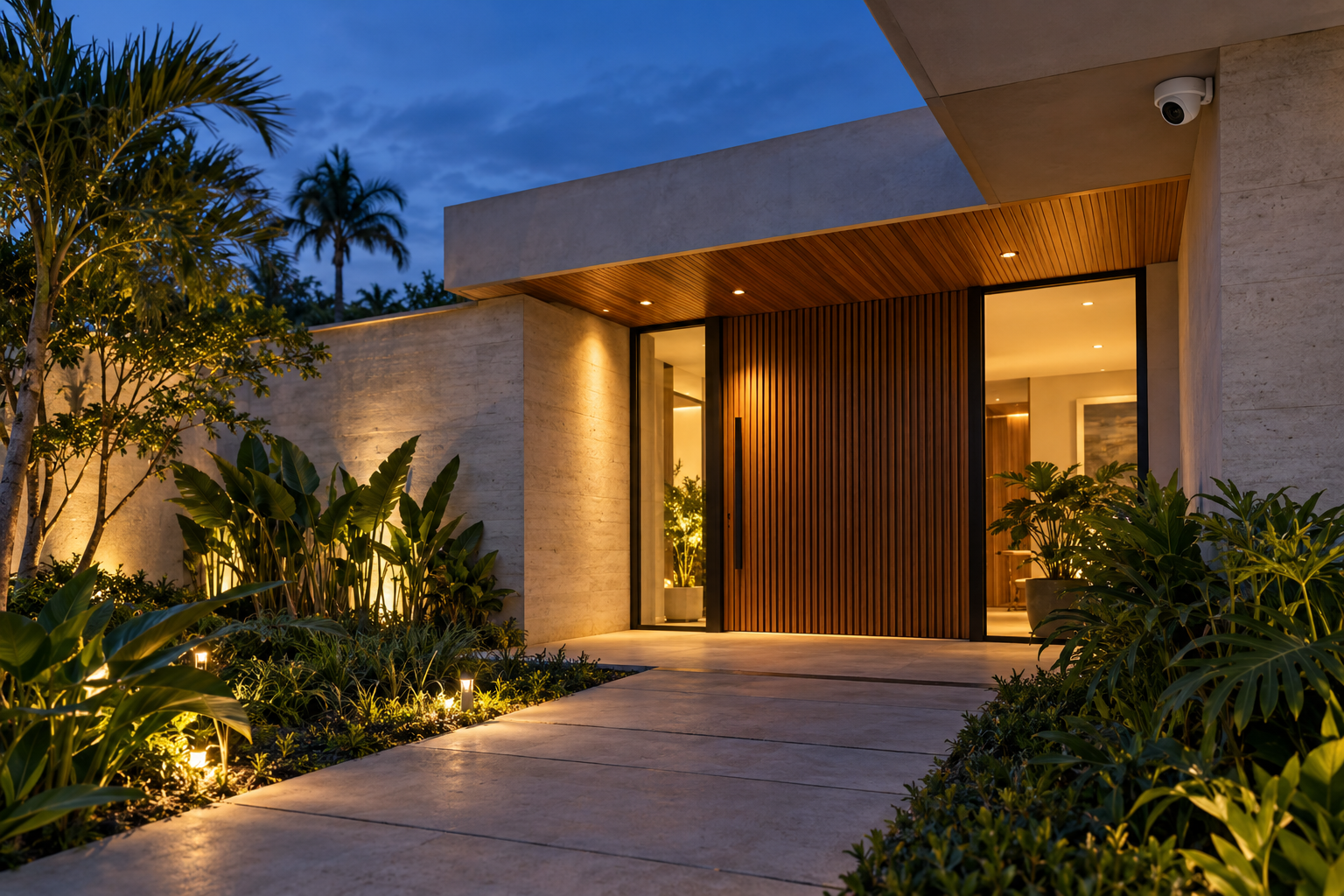 Casa com câmera de segurança instalada na entrada, ao entardecer — imagem ilustrativa